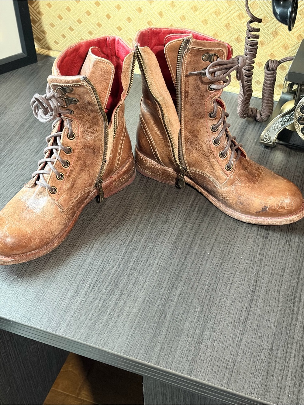 Vibram Brown Distressed Leather Lace-Up Ankle Boots with Red Lining & Stitching